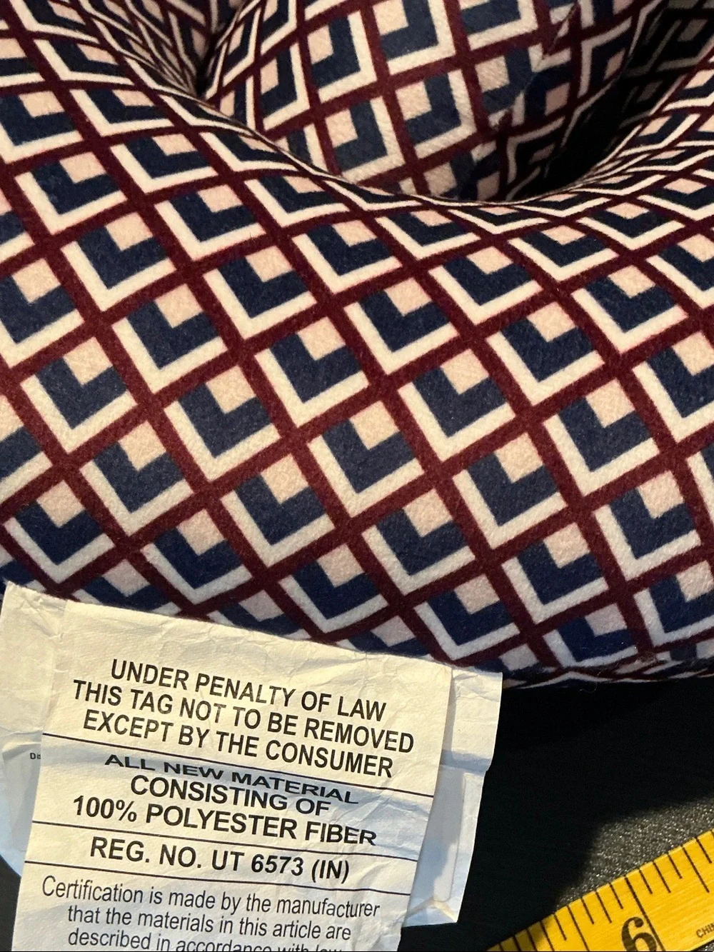 Patterned Throw/Neck Pillow in Navy and White with Burgundy Accents